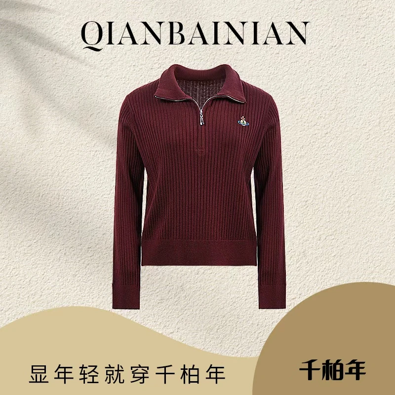 千柏年【小宇宙】亲肤柔然舒适坑条显瘦半拉链羊毛针织衫-C3526