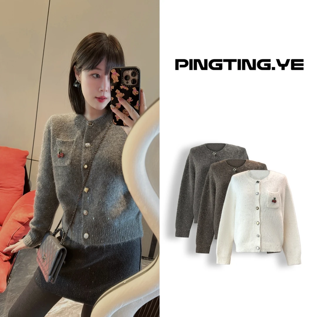 PINGTING.YE羊驼圆领亮片樱桃小众设计感毛衣开衫PT1218