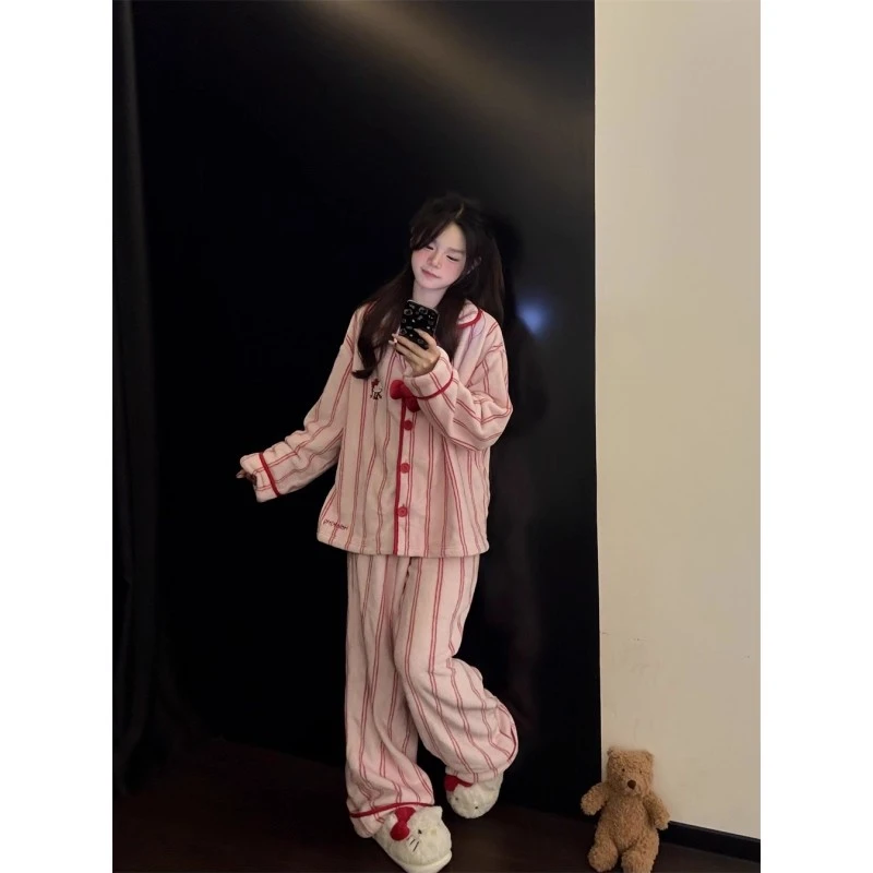 可爱少女蝴蝶结条纹珊瑚绒睡衣女冬季可外穿保暖家居休闲服两件套