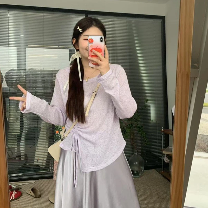 【8653】大码女装胖mm宽松显瘦针织长袖T恤夏季抽绳防晒罩衫上衣