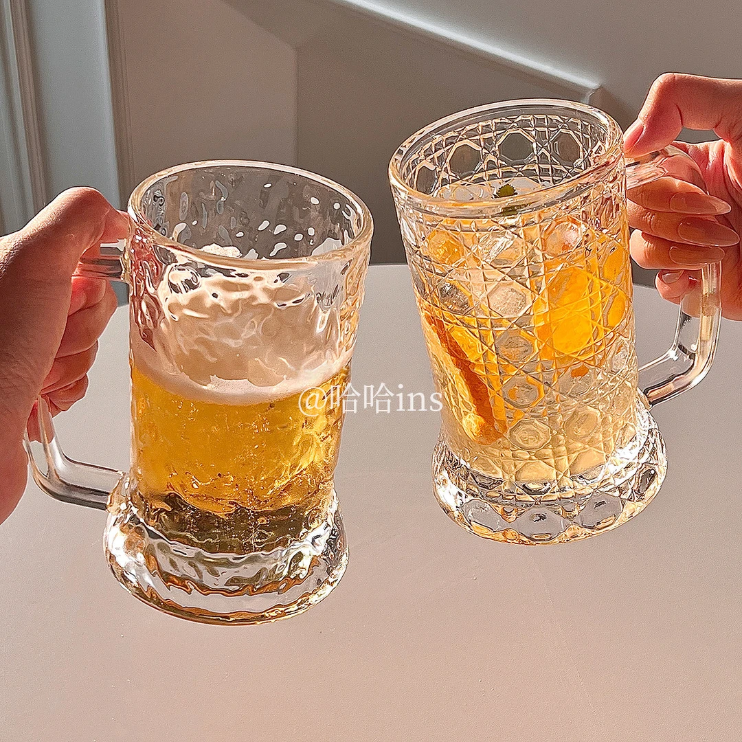 大容量水果茶杯ins风带把啤酒玻璃杯家用女夏天果汁饮料扎啤杯子