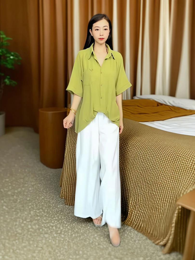 时尚休闲宽松设计感不规则百搭简约夏季垂感衬衫6856（墨绿色）