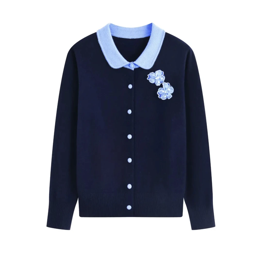 翻领常规款花朵羊毛针织衫2025秋冬装时尚学院风针织显瘦减龄保暖