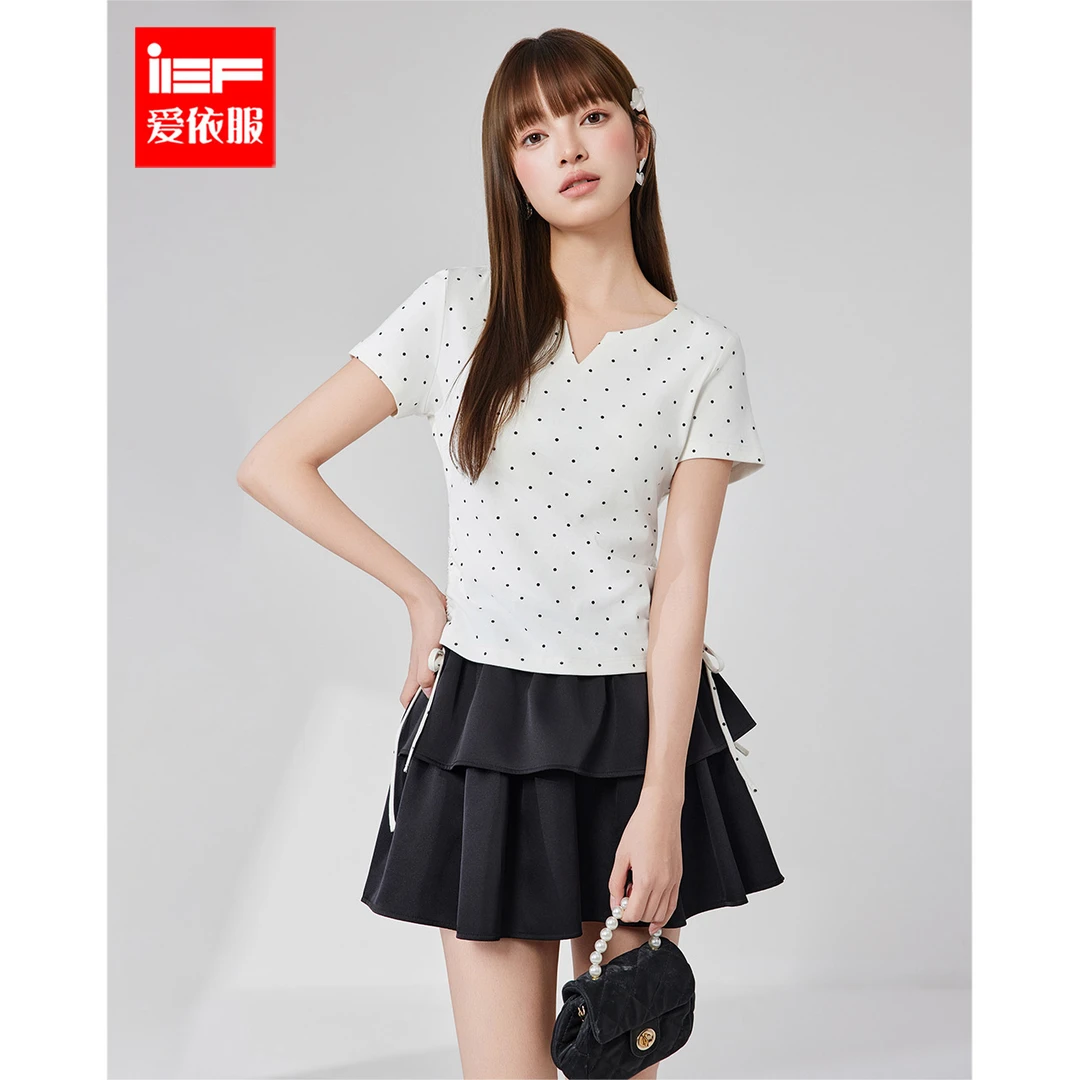 IEF/爱依服T恤2025夏季新款温柔波点时尚韩版百搭修身短款女上衣