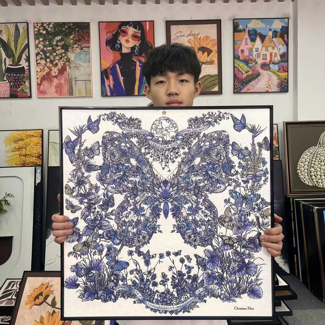 法式风蝴蝶花朵丝巾装饰画客厅玄关卧室艺术挂画6060