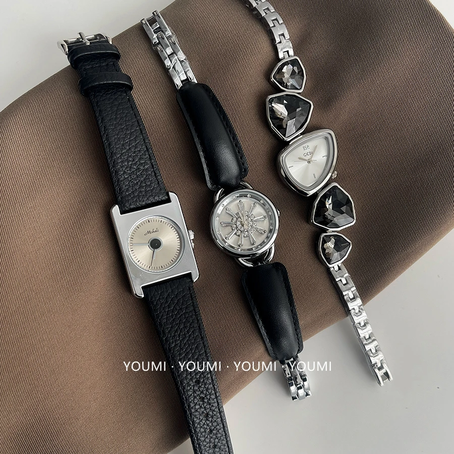 YOUMI 2025新款黑银系列爆款黑水晶女士小众轻奢高级感石英手表女