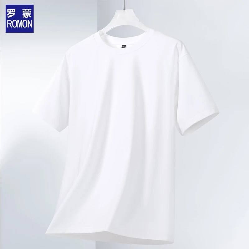 罗蒙夏季丝光棉圆领短袖T恤7A级抗菌男士休闲百搭T恤纯色简约T恤
