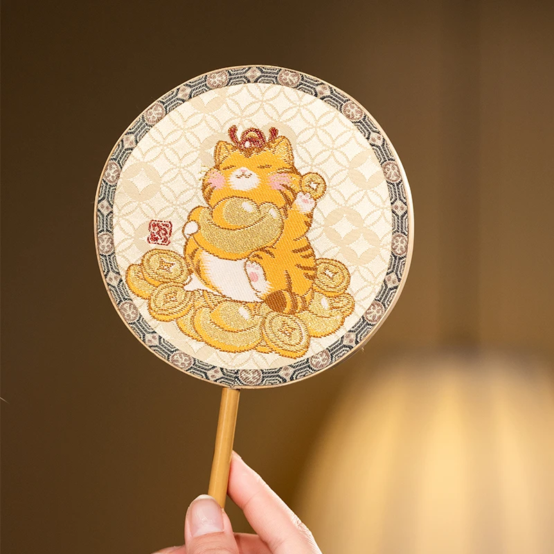 南京云锦博物馆【招财猫团扇】中式妆花手工工艺扇高档礼盒装