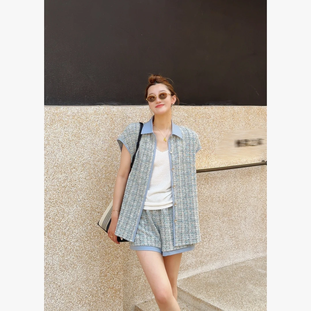 祝喜喜【小香风马甲款】25年夏蓝色气质宽松马甲薄款时尚蓝色系穿搭