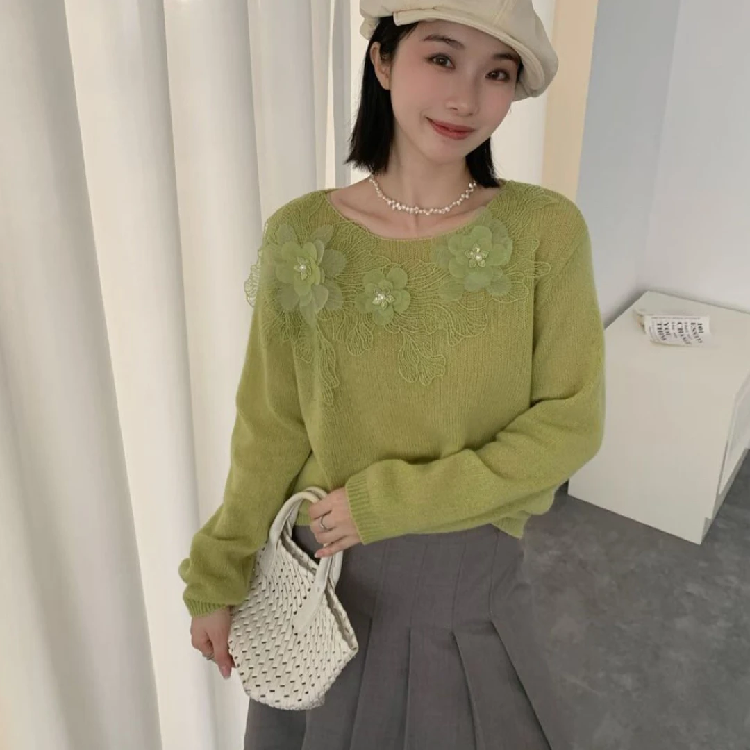 立体花朵纯欲风慵懒软糯羊毛毛衫