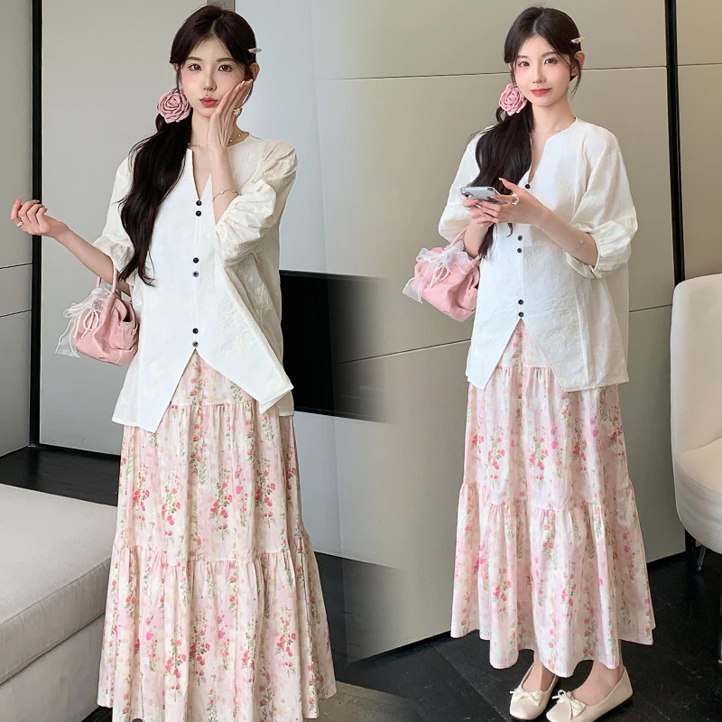 孕妇套装2025夏季新款韩版孕妇重工刺绣提花上衣女+半身裙套装女
