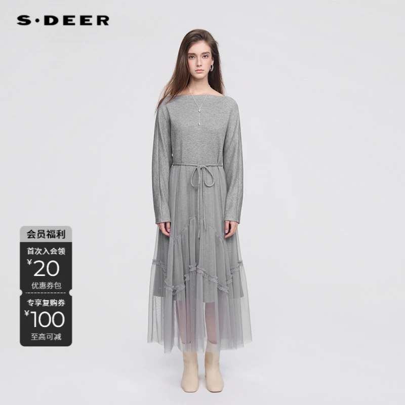 S·DEER圣迪奥秋冬法式复古网纱拼接长袖显瘦连衣裙S254Z1204