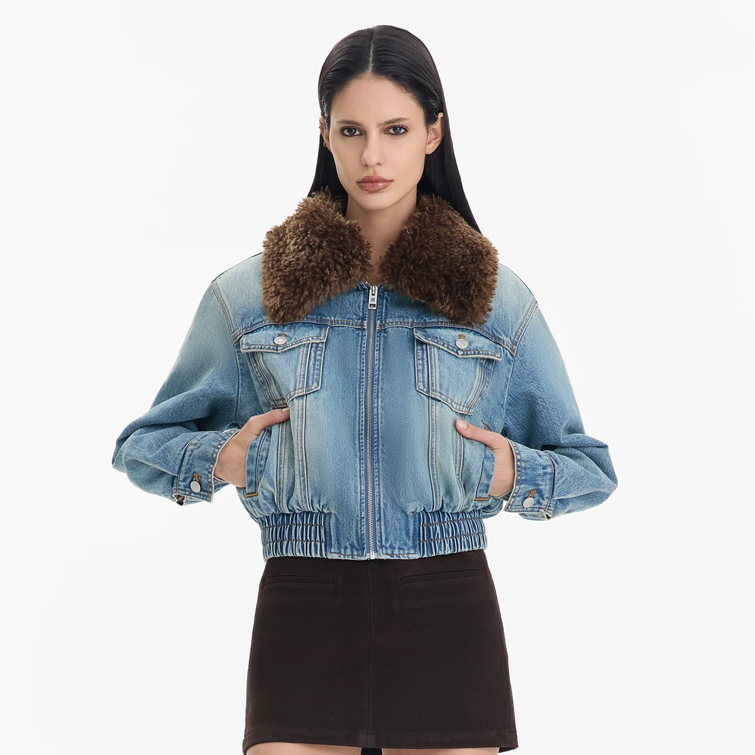 【美貌野心家】【Designer系列】毛领加绒棉服牛仔外套