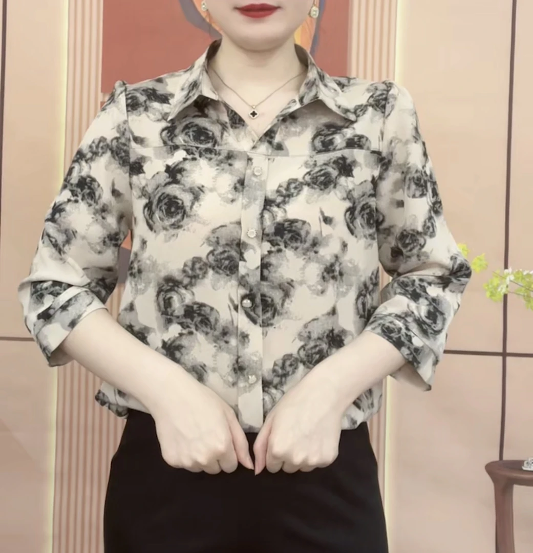 6064-夏季新款衬衫女时尚七分袖宽松显瘦气质衬衣复古妈妈装衣服