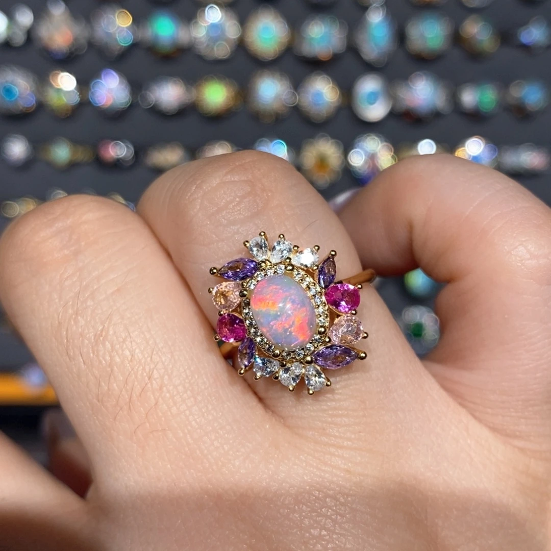 欧泊银S925镶嵌晚霞彩戒指