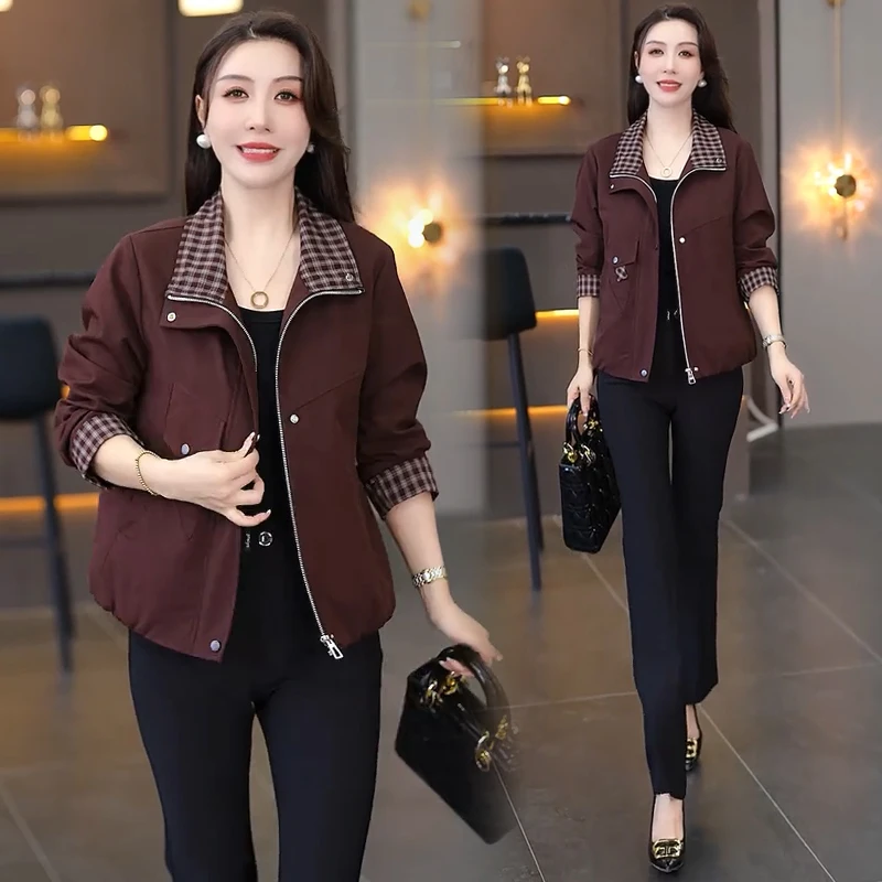 时尚短外套女2025秋季新款洋气显瘦格子拼接休闲宽松百搭夹克上衣