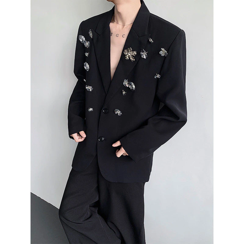 2025早秋法式舞台礼服装禁欲系立体亮片玫瑰花西服男模西装外套潮