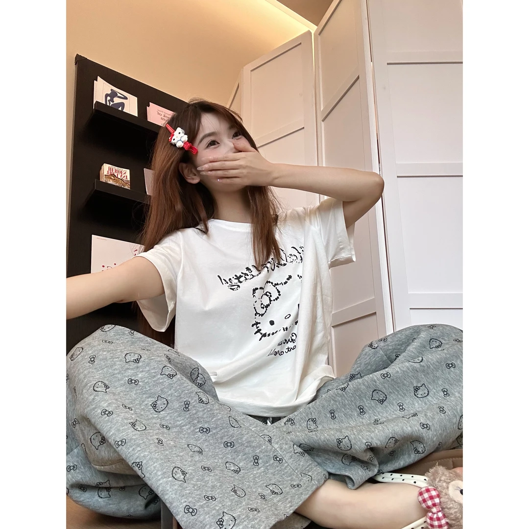 【字母kitty猫】网红卡通凯蒂猫短袖睡衣女春夏长裤套装显瘦家居服