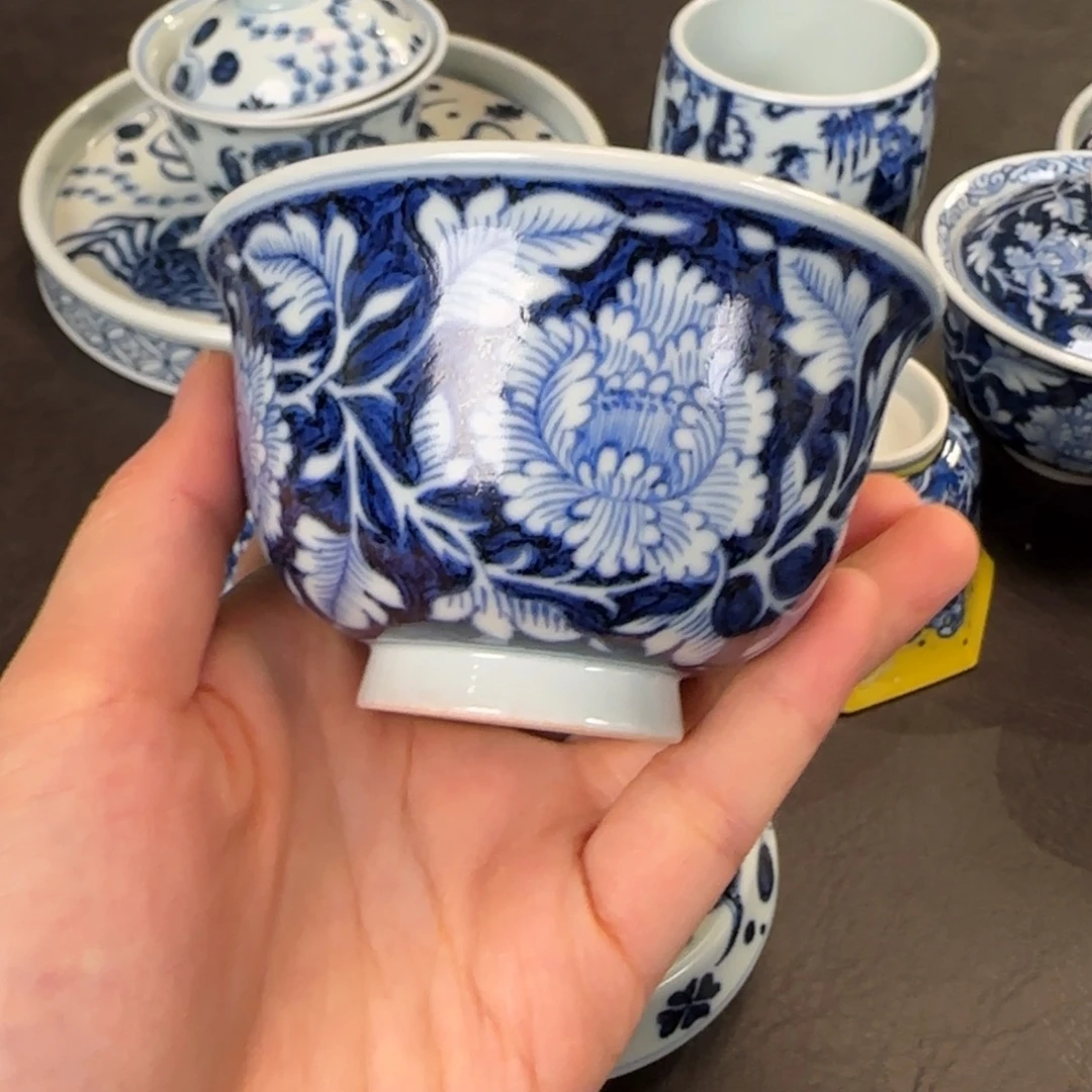 素月明河蓝底牡丹杯