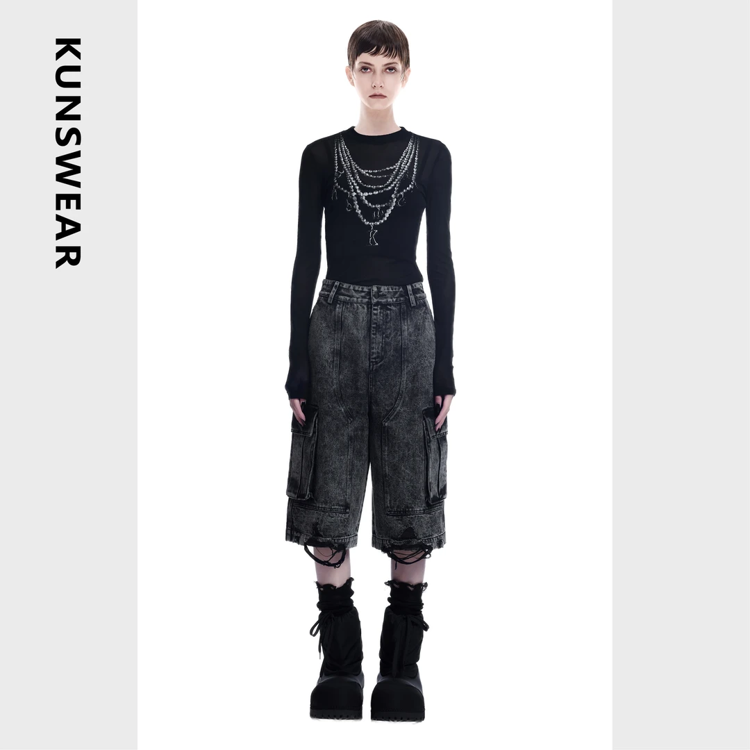 KUNSWEAR/琨丝薇尔25SP 辣妹潮流水洗牛仔做旧破边中裤 832014010