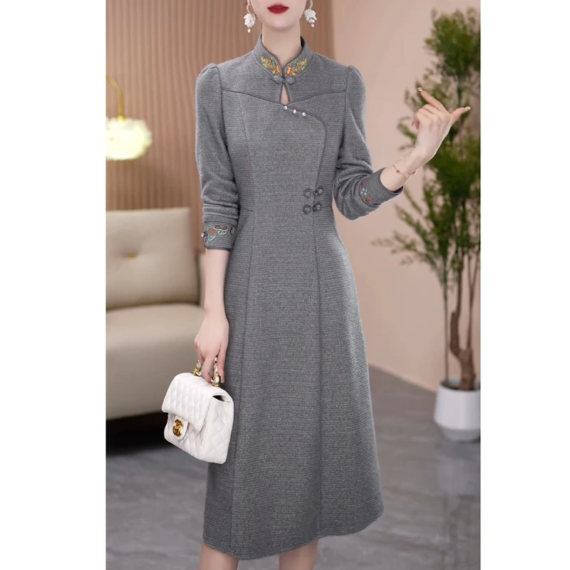 洋气妈妈早春新中式复古国风改良旗袍连衣裙女气质显瘦中长款裙子