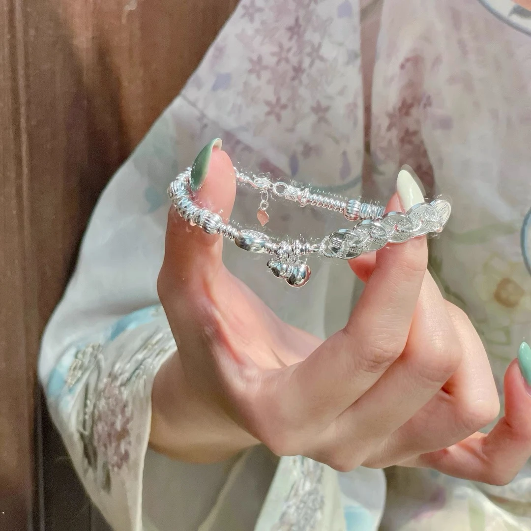 足银手链 足银999五帝钱葫芦盘缠手链女款时尚百搭银手环送女朋友