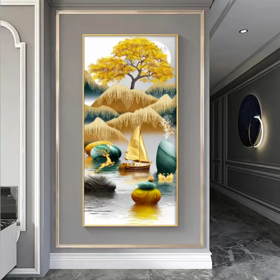 靠山黄金树进门玄关装饰画客厅过道走廊挂画晶瓷立体镶钻框画