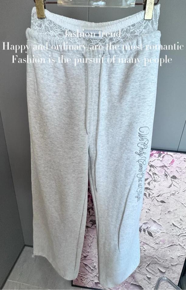 25早春蕾丝拼接刺绣宽松直筒美式卫裤
