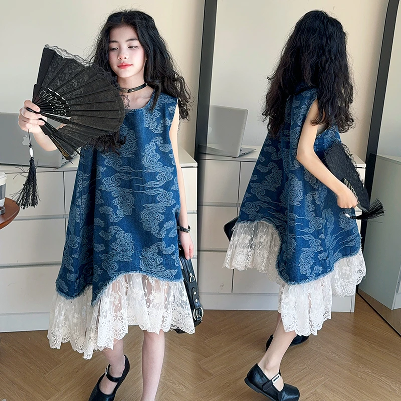 女童夏装牛仔裙2025新款儿童新中式国潮花边连衣裙女孩洋气背心裙