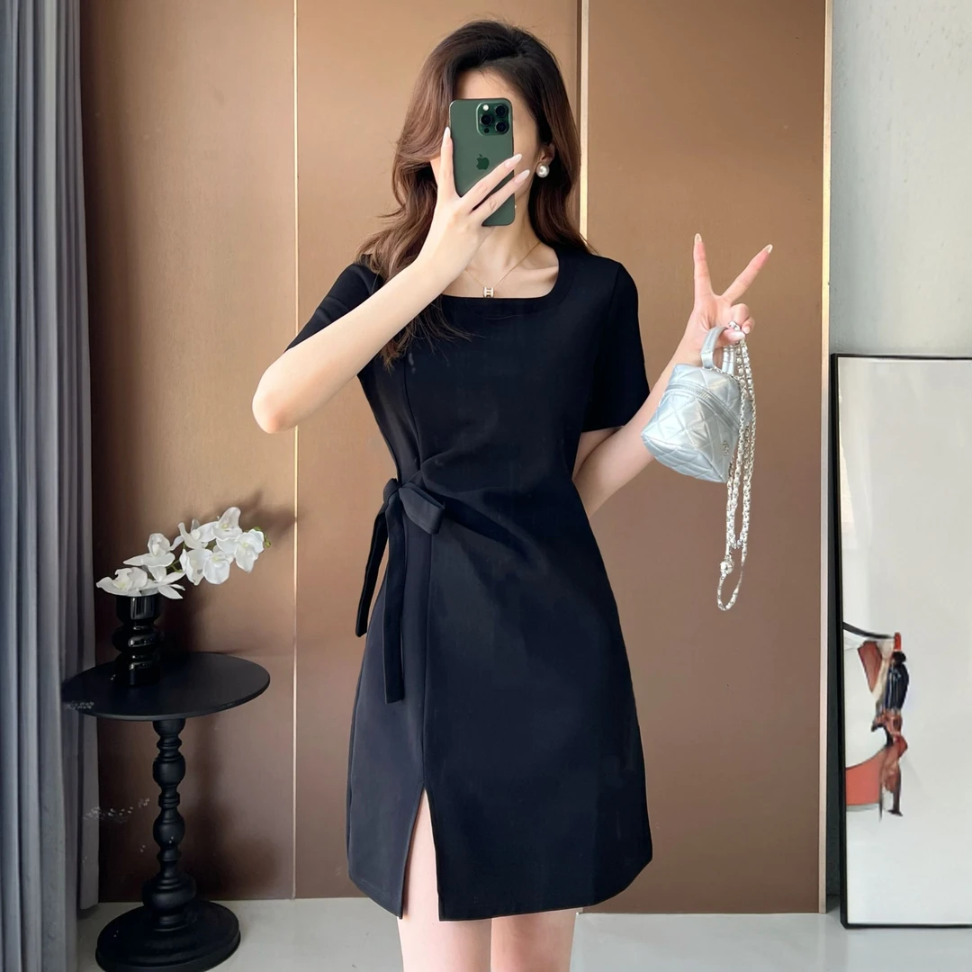 裙子黑色A型中腰不褪色薄款拼接夏街头风显瘦收腰半身裙法式方领