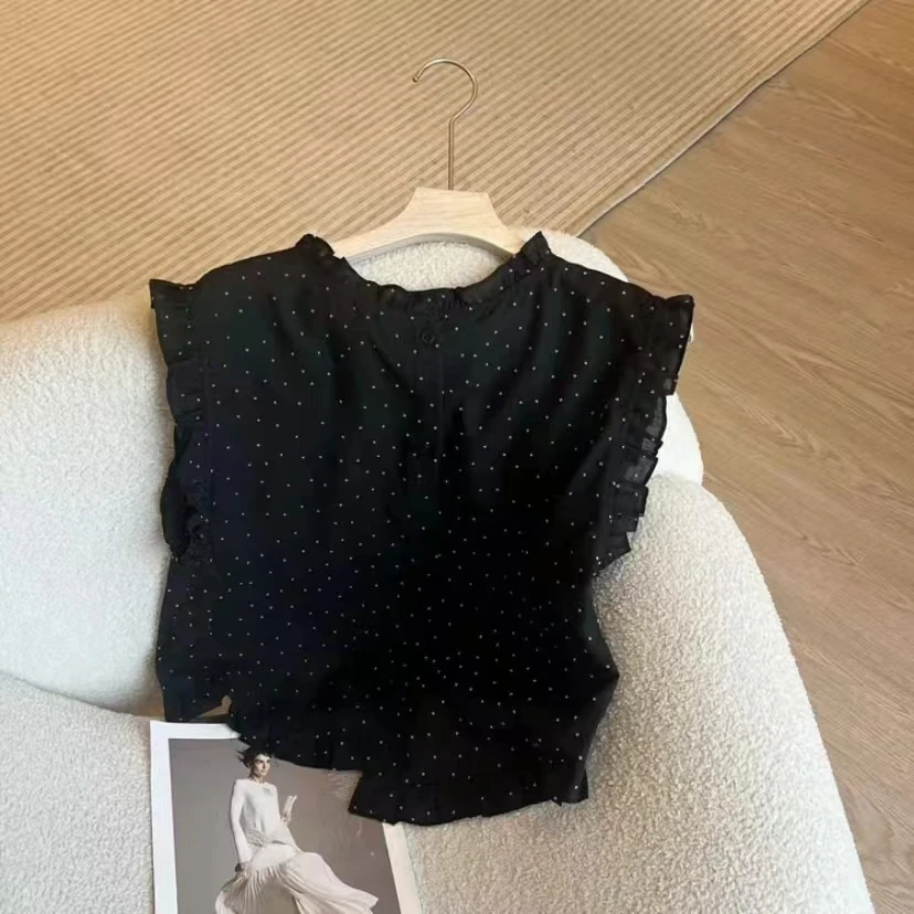 2025年新款波点木耳边圆领无袖衬衫女夏季小个子独特漂亮气质上