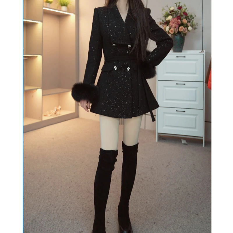 毛呢外套2025新款女装春修身显瘦气质中长款夹棉收腰大衣3322