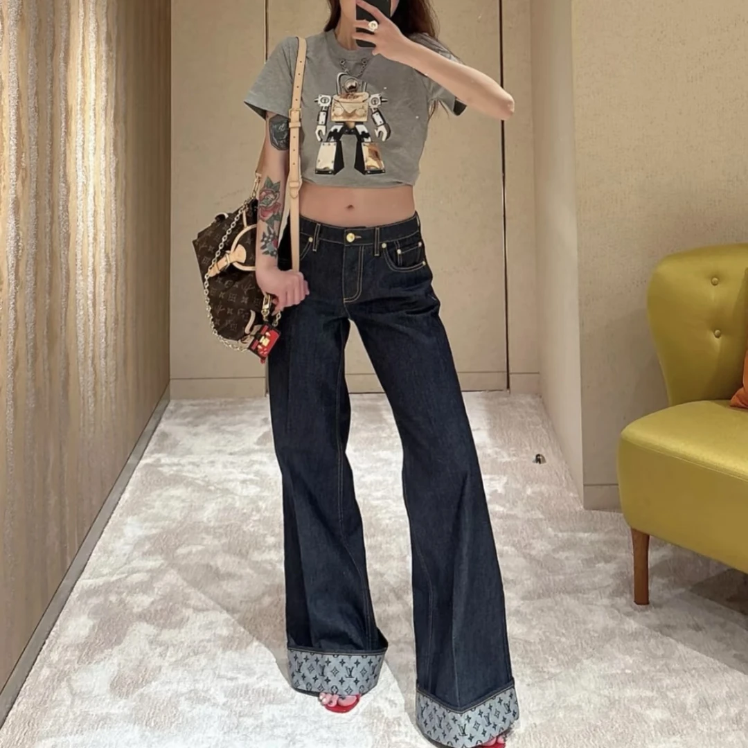 99新 LouisVuitton/路易威登 cc079 25s阔腿翻边老花牛仔裤38码