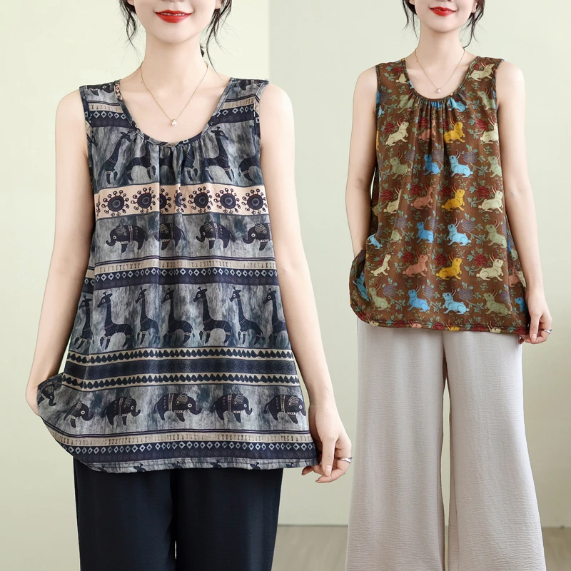 老钱风夏季新款圆领无袖背心大码女装宽松遮肚上衣打底衫吊带衫