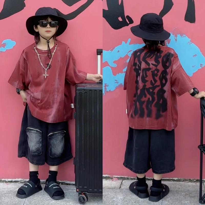 乐乐家儿童夏季短袖宽松休闲百搭破洞模糊字母印花时尚复古T恤