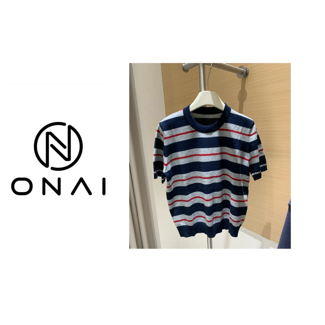 【Onai】百搭圆领T恤短袖通勤条纹常规款针织撞色半袖86149