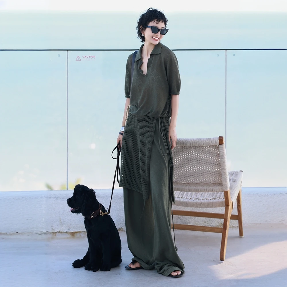 初秋穿搭一整套女2025新款休闲绿色Polo领短袖抽绳长裤屁帘两件套