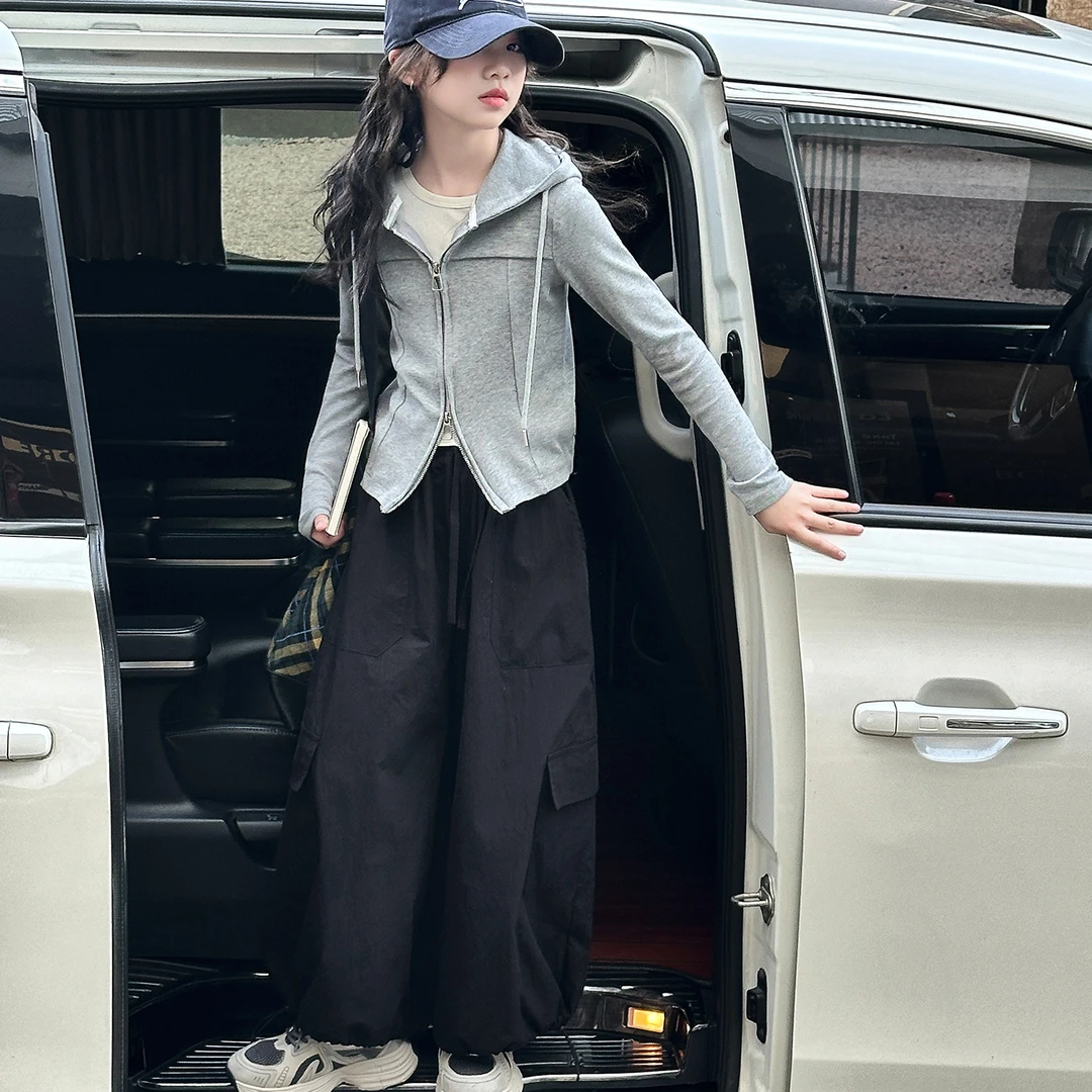 女童秋装韩版连帽开衫外套2025新款大童春秋气质时尚休闲百搭长裤