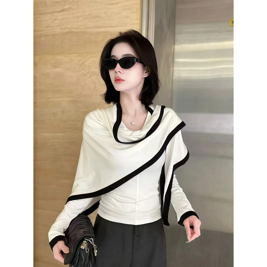 性感辣妹V领长袖正肩打底上衣女秋季新款修身显瘦三角披肩两件套