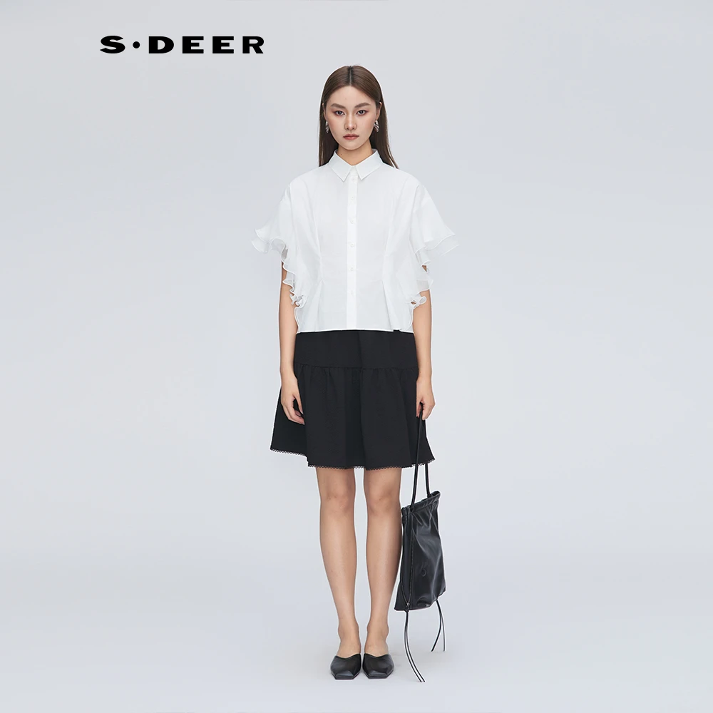 S·DEER圣迪奥简约时尚通勤荷叶袖衬衫百搭白色短袖上衣S252Z0404