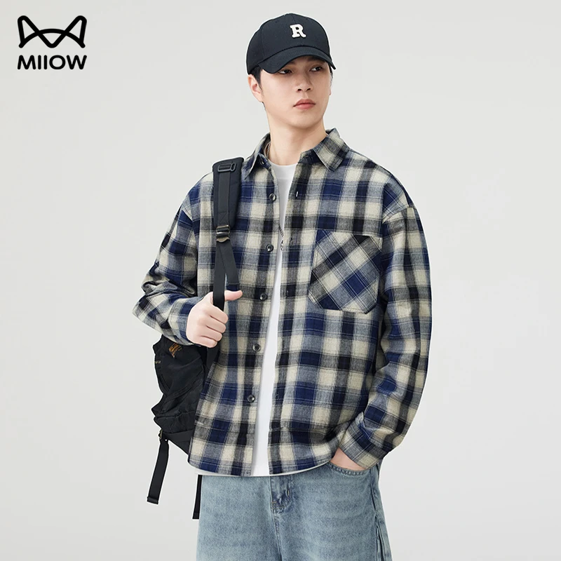 猫人美式潮流格子衬衫男士长袖2025春秋款宽松慵懒风纯棉衬衣外套