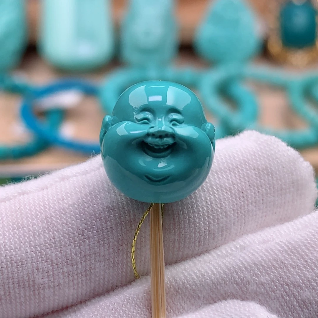 绿松石珠宝奇石未镶嵌14mm弥勒佛首珠