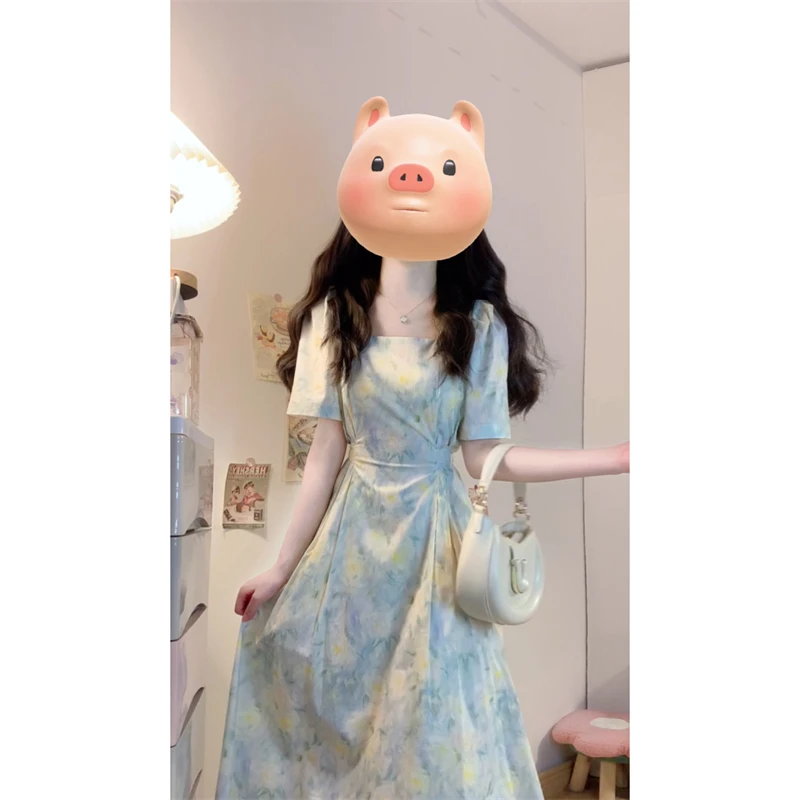 仲夏之梦大码法式油画风碎花连衣裙方领收腰洋气温柔裙6977