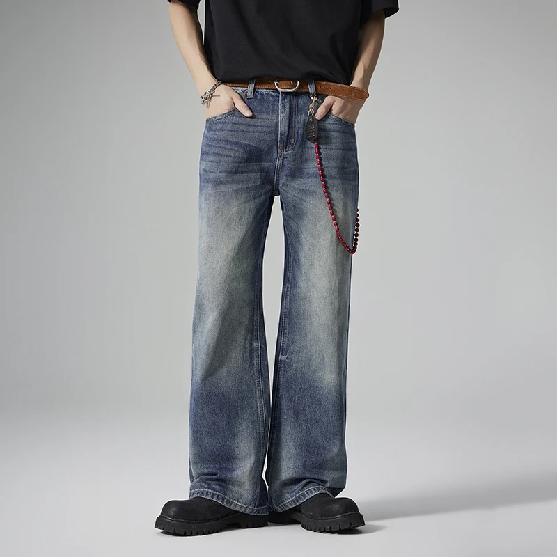 MANJUSTIC新款水洗纯棉弯刀牛仔裤男美式宽松直筒百搭休闲阔腿裤