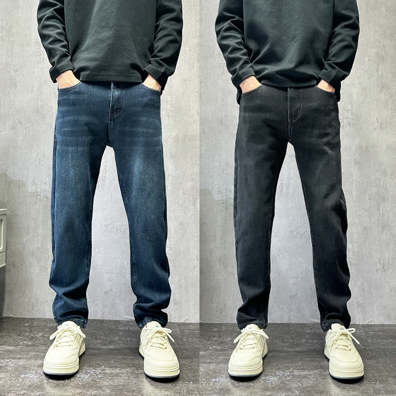 高级感复古蓝色直筒修身小脚牛仔裤男款秋冬季痞帅潮牌显瘦男裤子