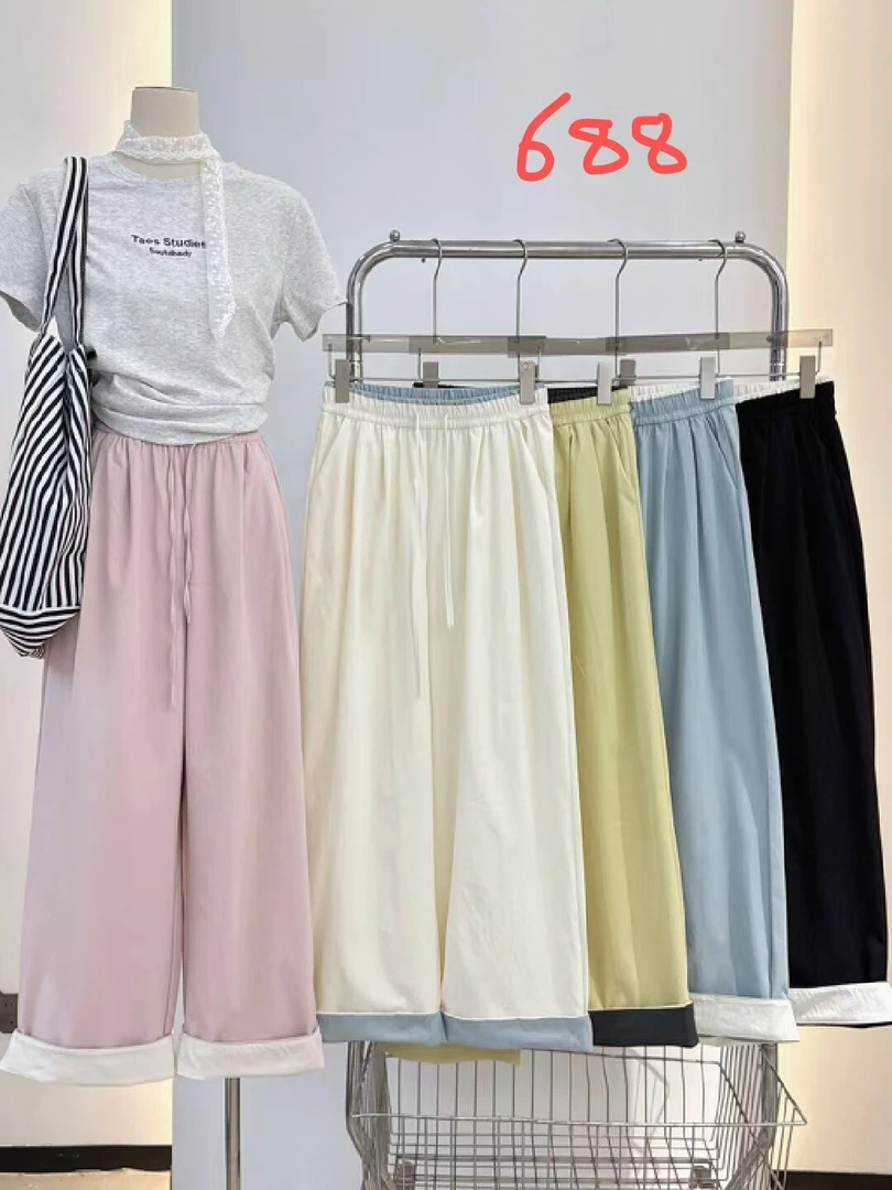 卷边阔腿裤女夏季松紧腰抽绳直筒裤高腰显瘦休闲九分裤子