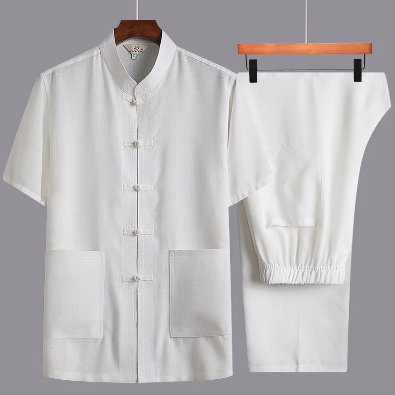 夏季中老年唐装中国风棉麻男士套装宽松透气纯色立领太极晨练休闲