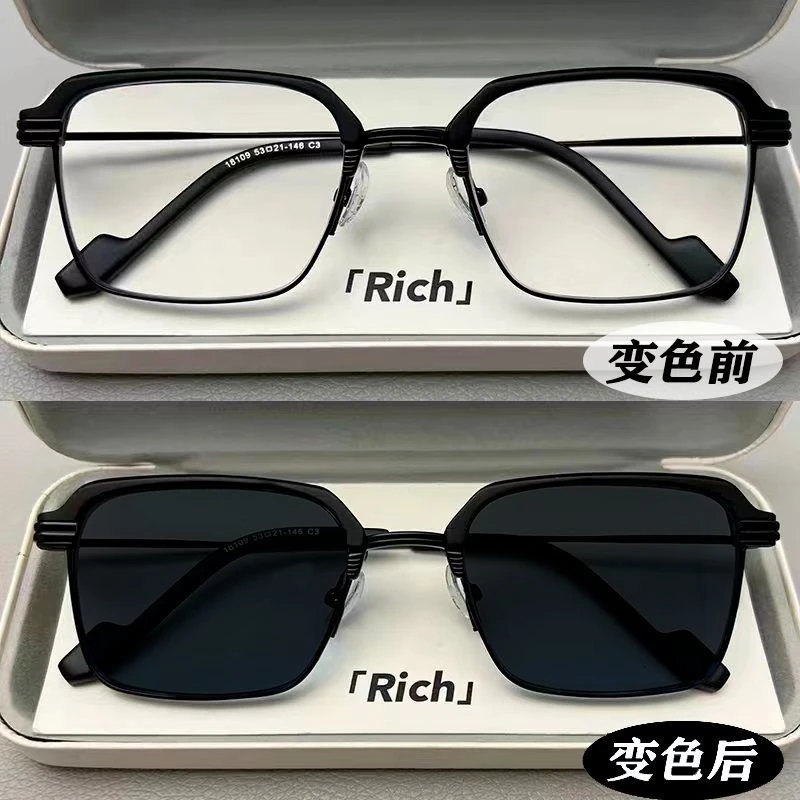 新款感光变色近视眼镜男帅气防辐射专业配有度数方形半框眼睛镜框