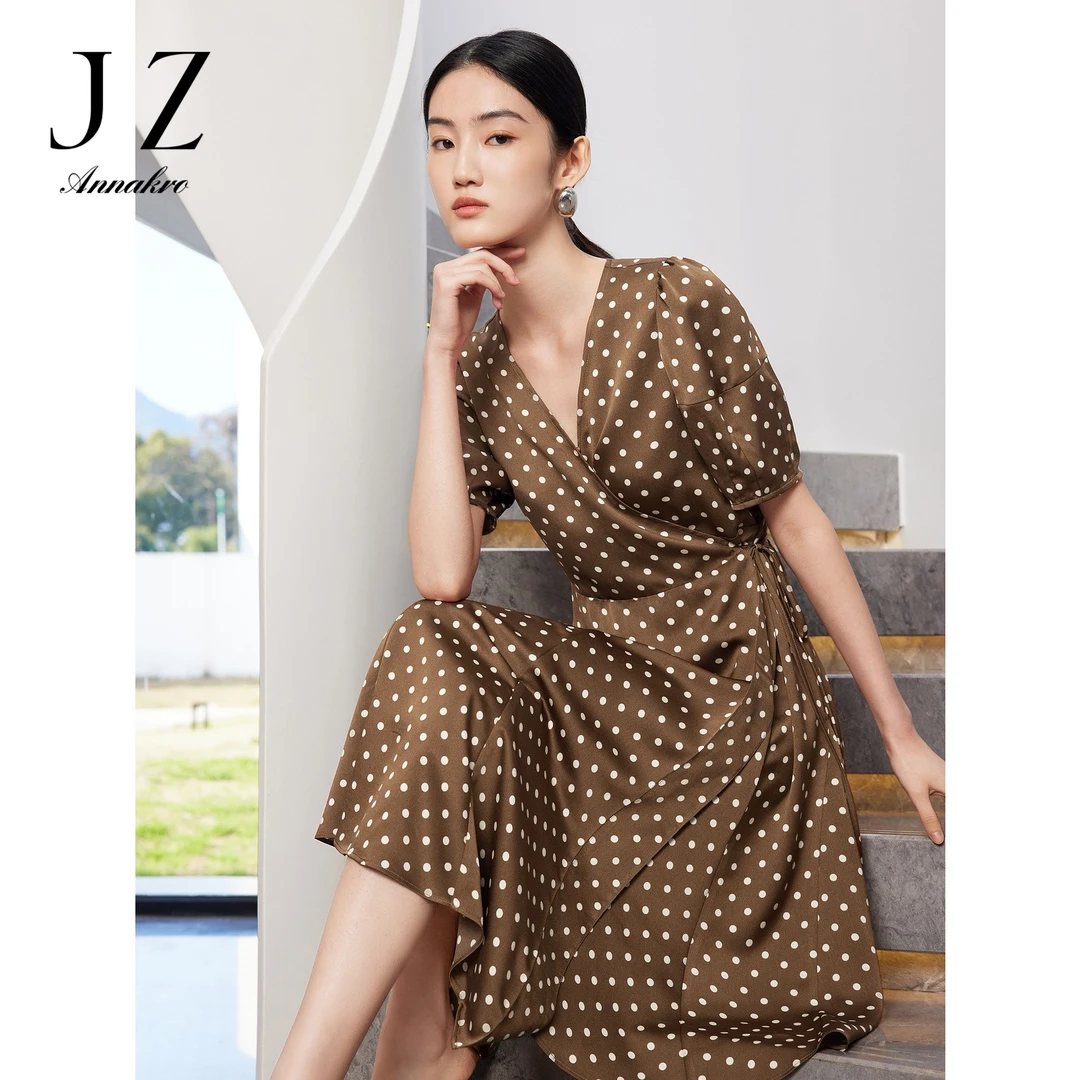 【丽公主专属】JZ玖姿JTDX50122波点印花连衣裙腰带V领裙子