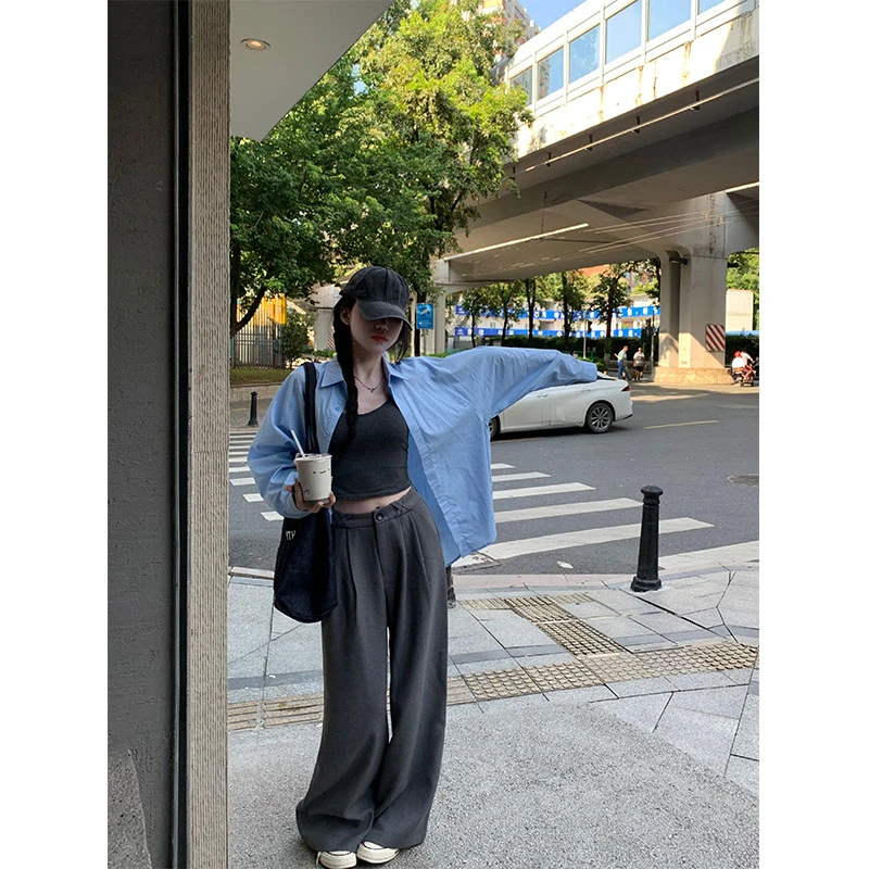 2024秋季新款高级感简约百搭POLO领长袖衬衫上衣高腰直筒阔腿裤女